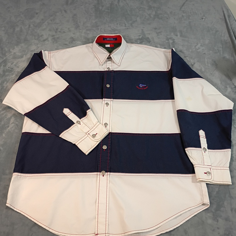 Vintage Tommy Hilfiger Sailing Gear Shirt Mens Large Navy White Striped 90s L